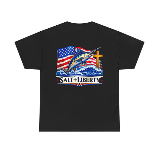 Salt + Liberty Tee — American Flag Marlin Fishing T‑Shirt with Cross