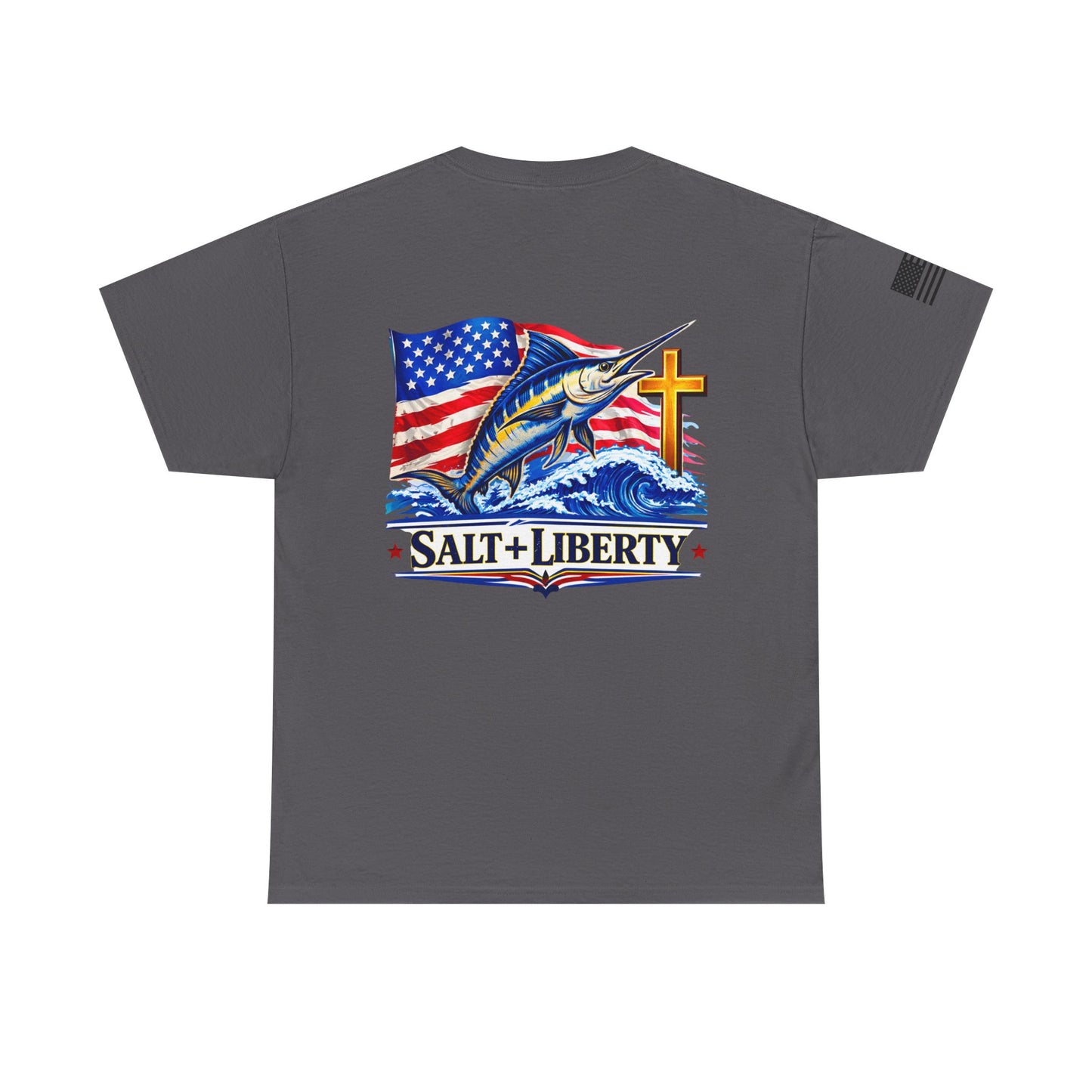 Salt + Liberty Tee — American Flag Marlin Fishing T‑Shirt with Cross