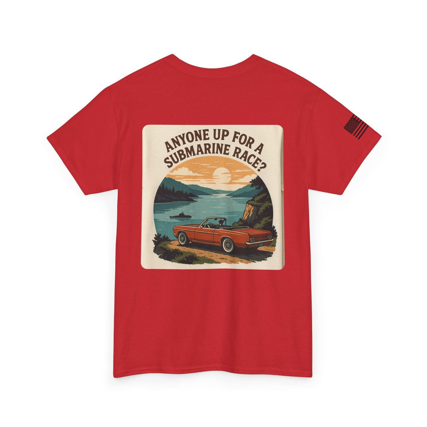 Vintage Roadside Graphic Tee — "Anyone Up for a Submarine Race?" Car Sunset Print