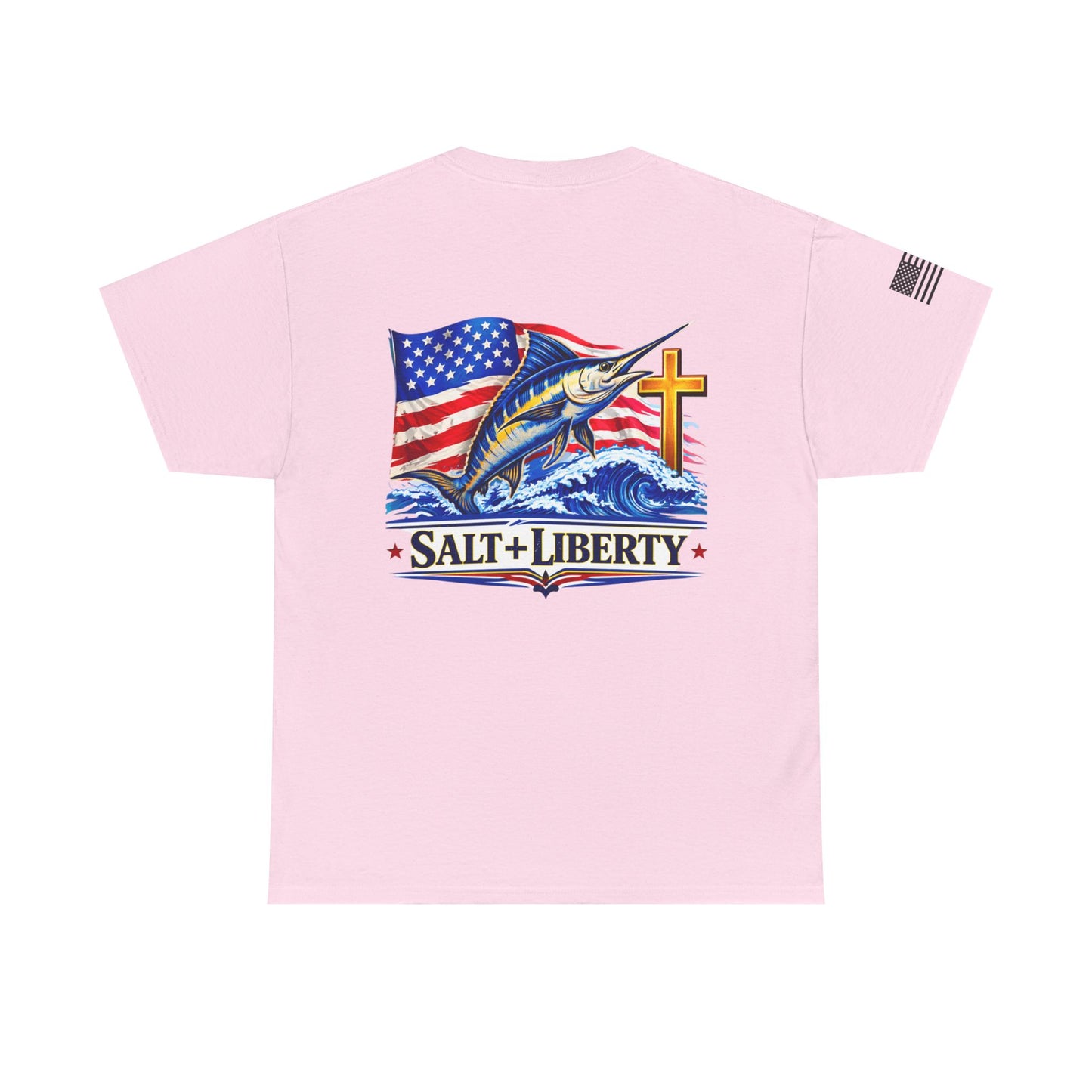 Salt + Liberty Tee — American Flag Marlin Fishing T‑Shirt with Cross