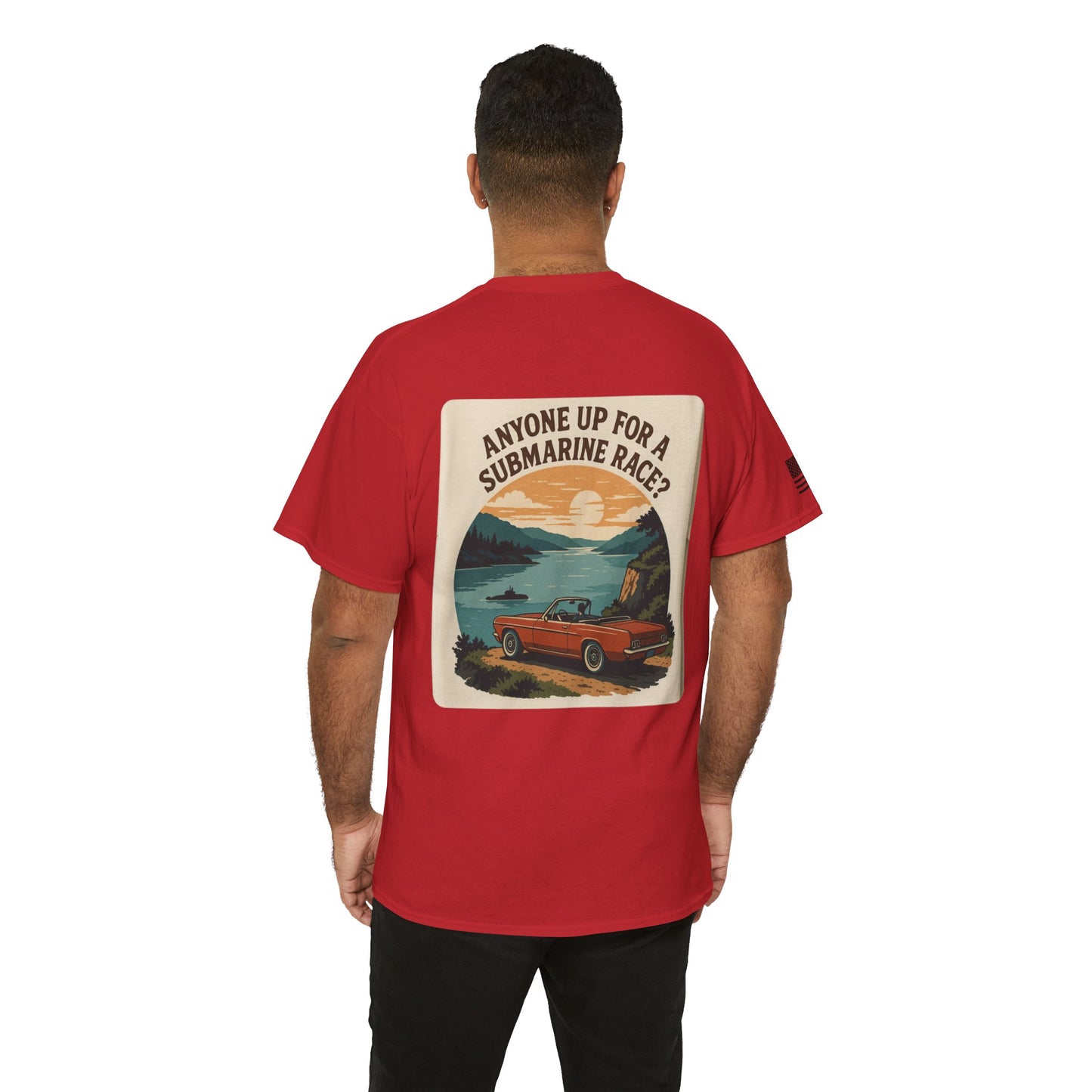 Vintage Roadside Graphic Tee — "Anyone Up for a Submarine Race?" Car Sunset Print