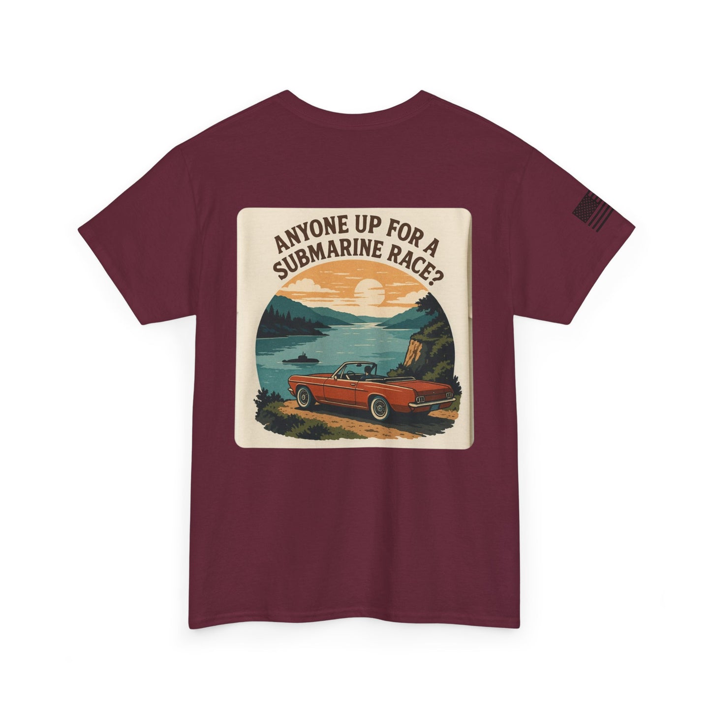 Vintage Roadside Graphic Tee — "Anyone Up for a Submarine Race?" Car Sunset Print