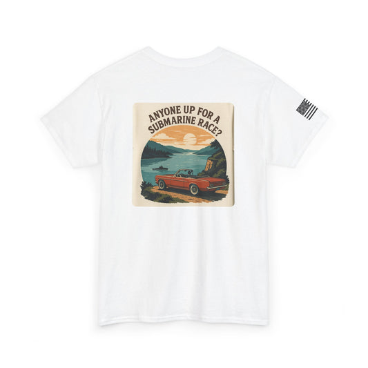 Vintage Roadside Graphic Tee — "Anyone Up for a Submarine Race?" Car Sunset Print
