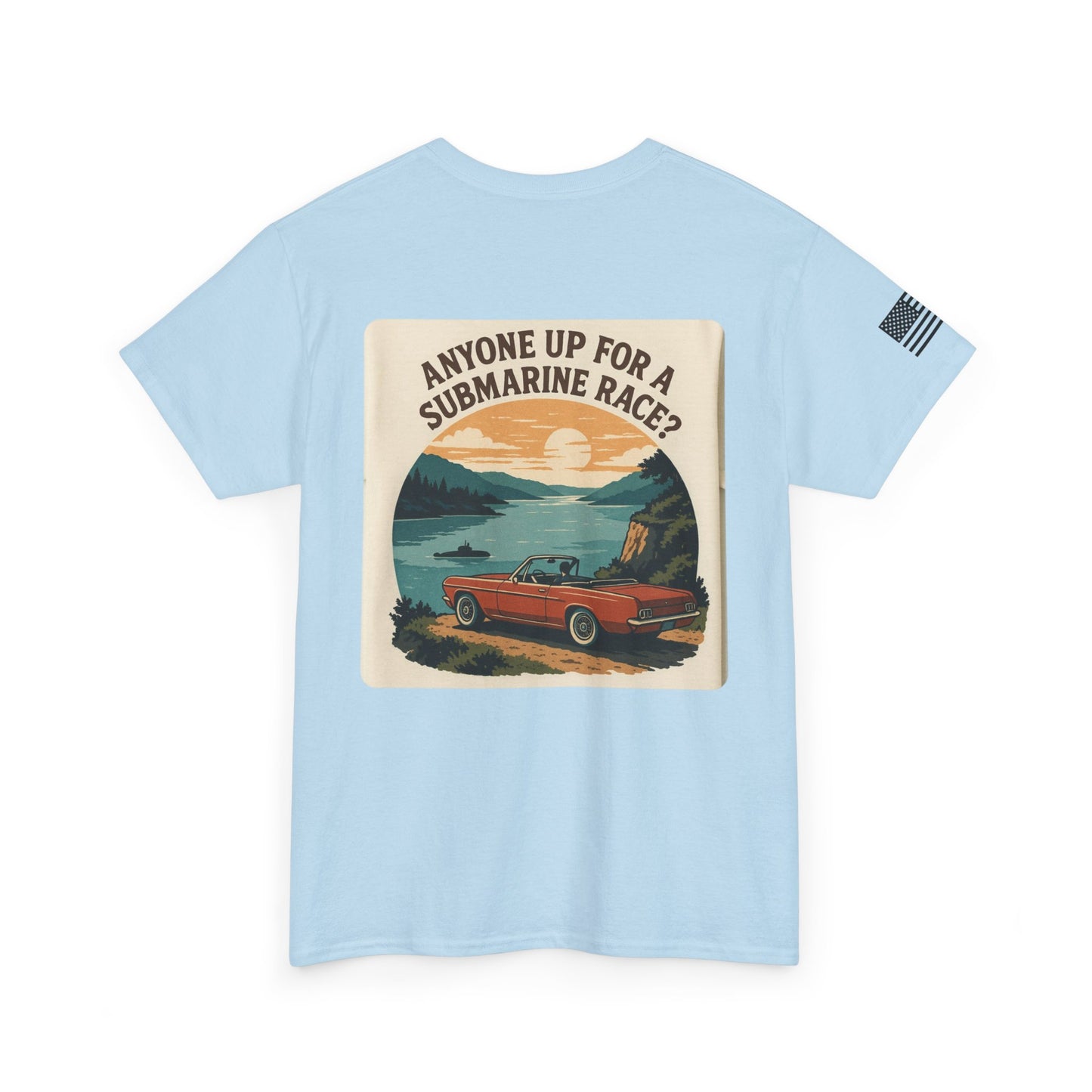 Vintage Roadside Graphic Tee — "Anyone Up for a Submarine Race?" Car Sunset Print