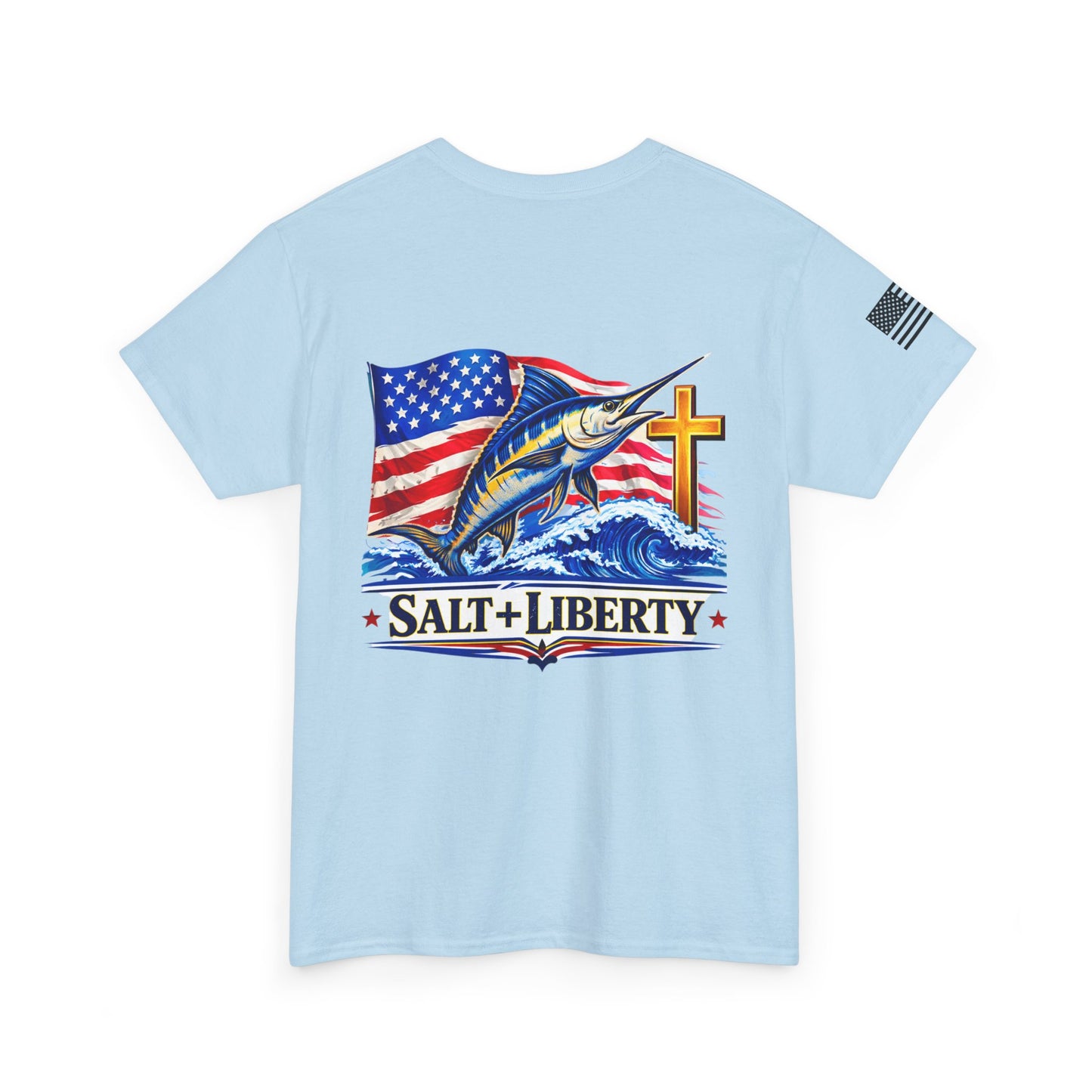 Salt + Liberty Tee — American Flag Marlin Fishing T‑Shirt with Cross