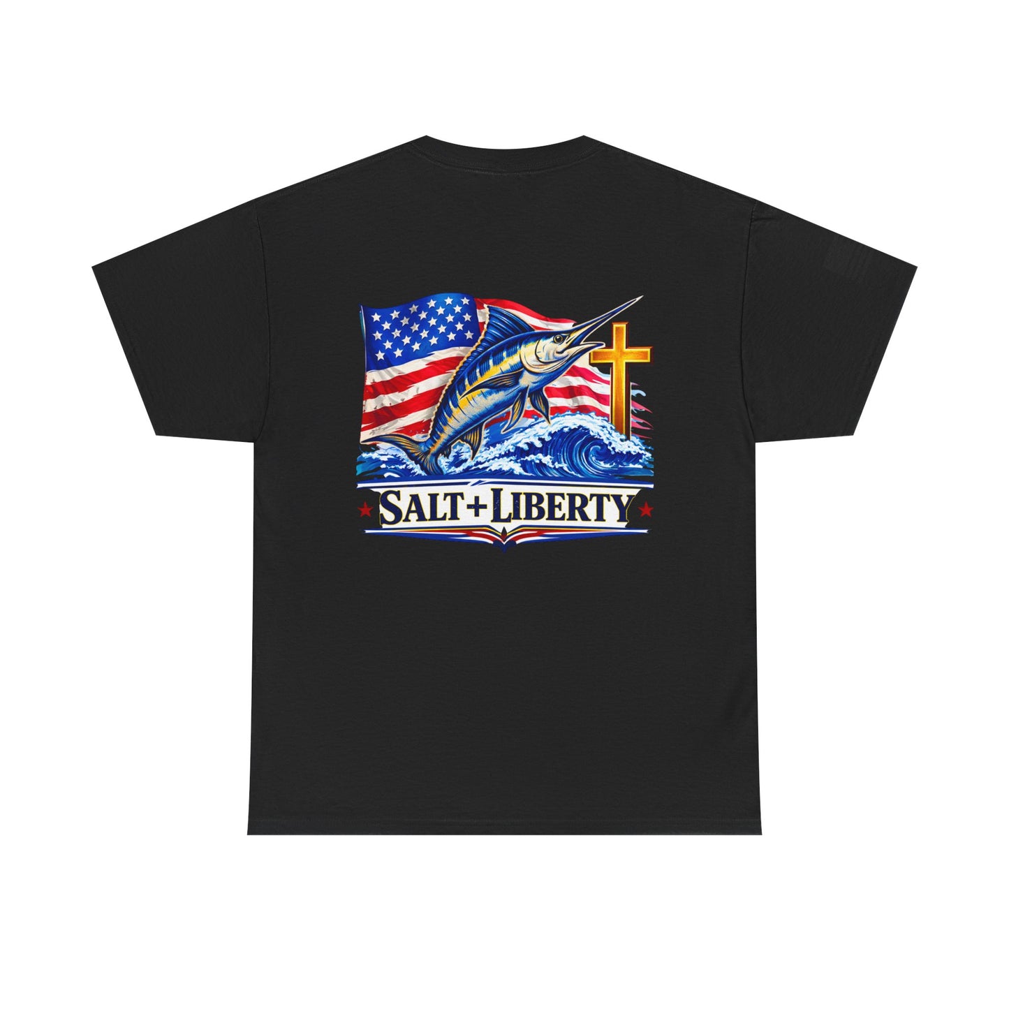 Salt + Liberty Tee — American Flag Marlin Fishing T‑Shirt with Cross