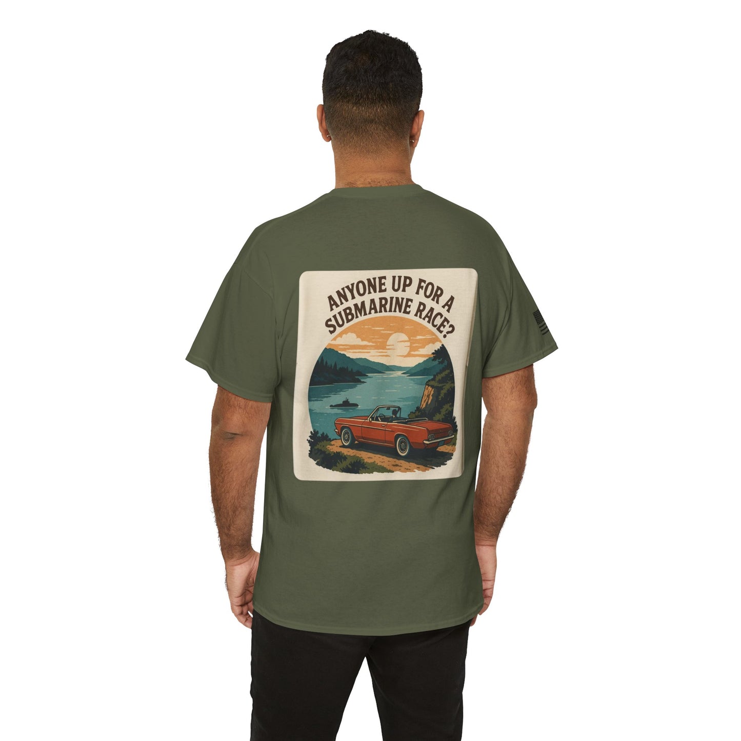 Vintage Roadside Graphic Tee — "Anyone Up for a Submarine Race?" Car Sunset Print