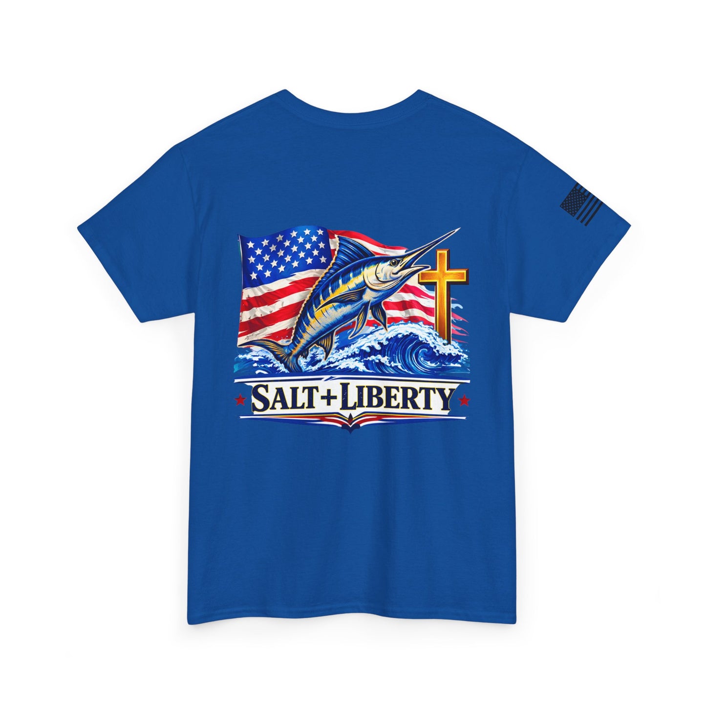 Salt + Liberty Tee — American Flag Marlin Fishing T‑Shirt with Cross