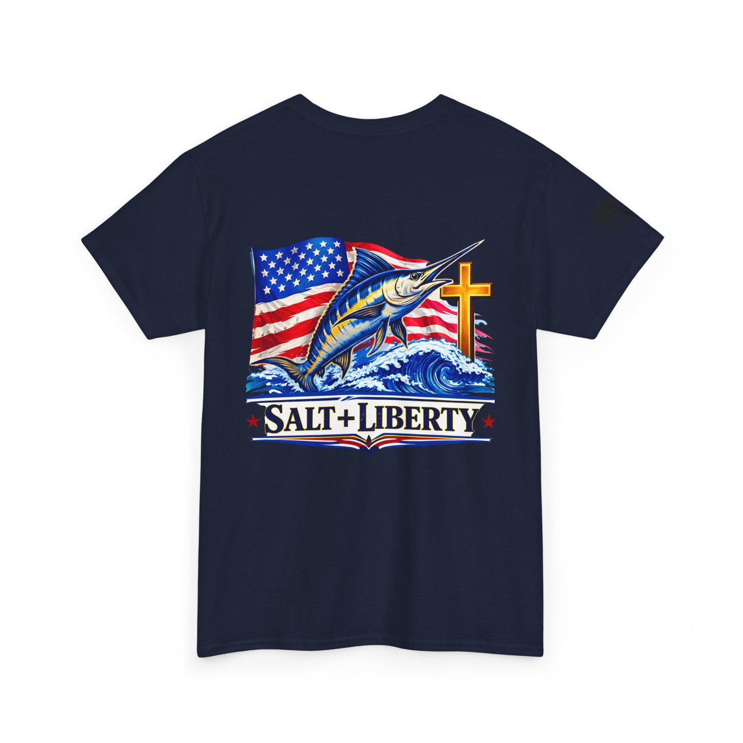 Salt + Liberty Tee — American Flag Marlin Fishing T‑Shirt with Cross