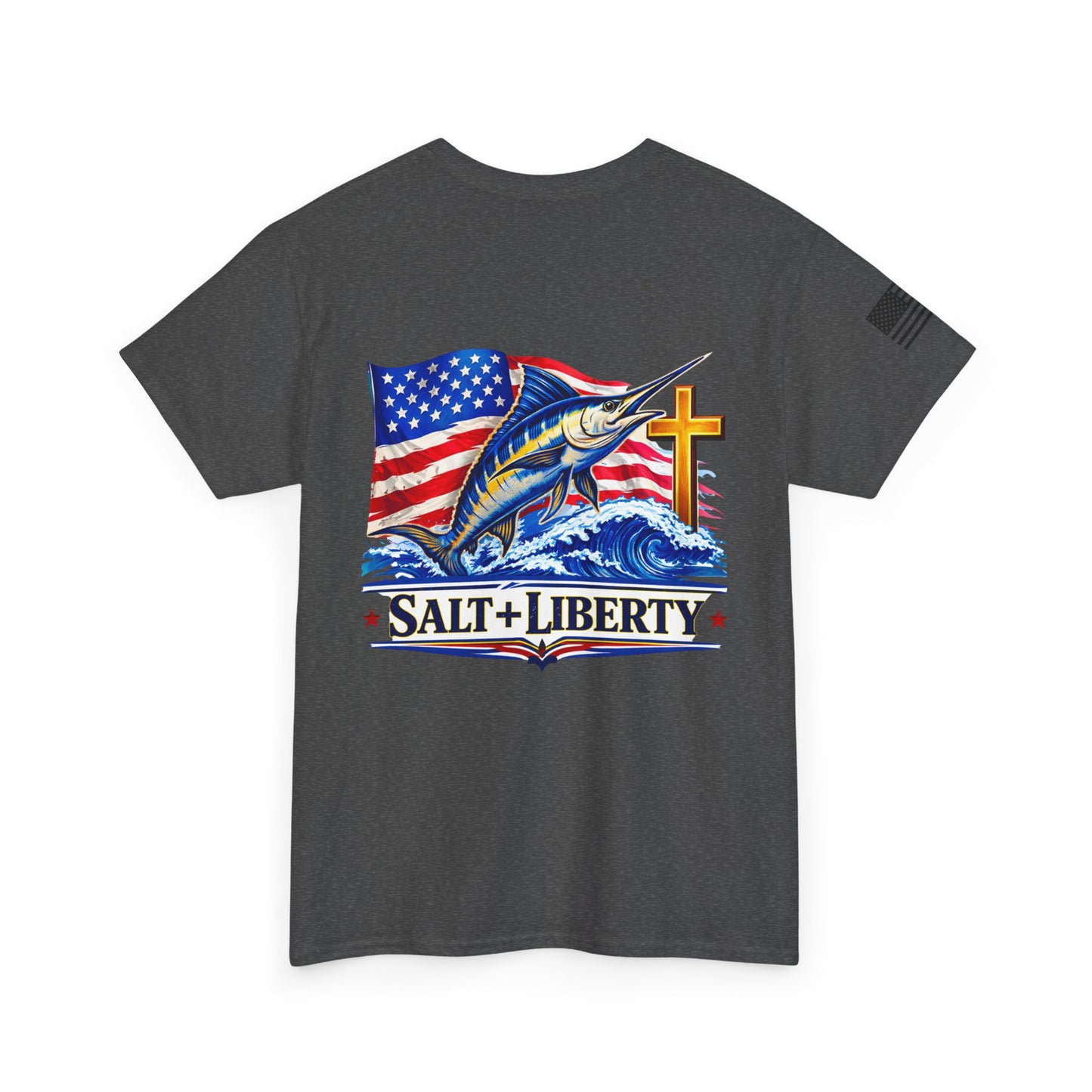 Salt + Liberty Tee — American Flag Marlin Fishing T‑Shirt with Cross