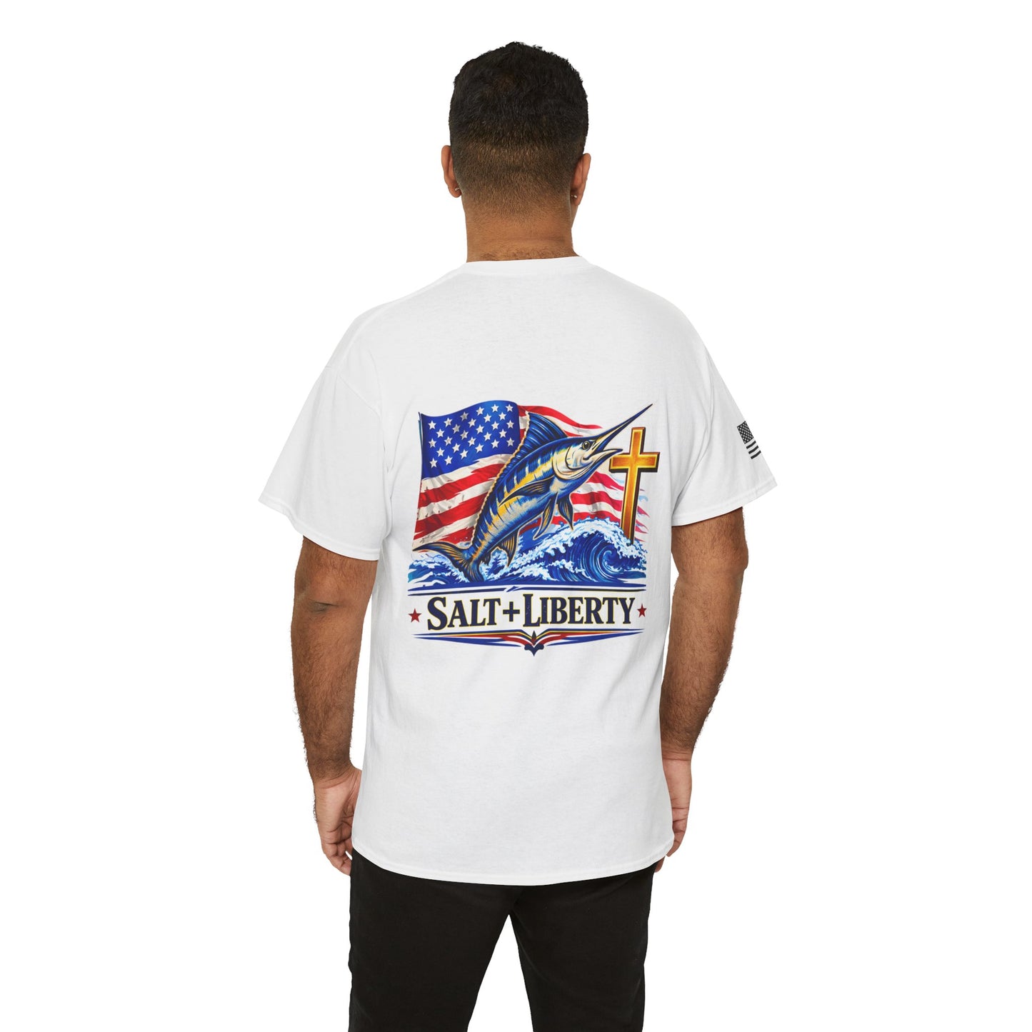 Salt + Liberty Tee — American Flag Marlin Fishing T‑Shirt with Cross