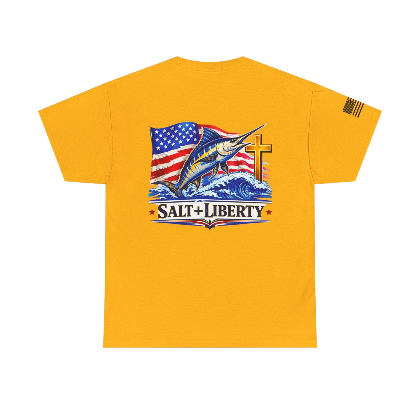 Salt + Liberty Tee — American Flag Marlin Fishing T‑Shirt with Cross