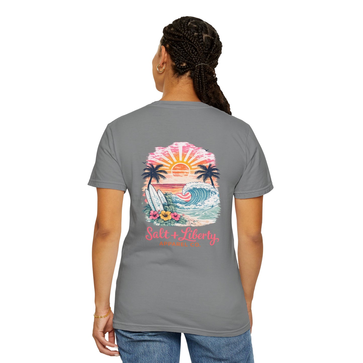Surf Sunset T-Shirt — "Salt & Liberty" Beach Graphic Tee