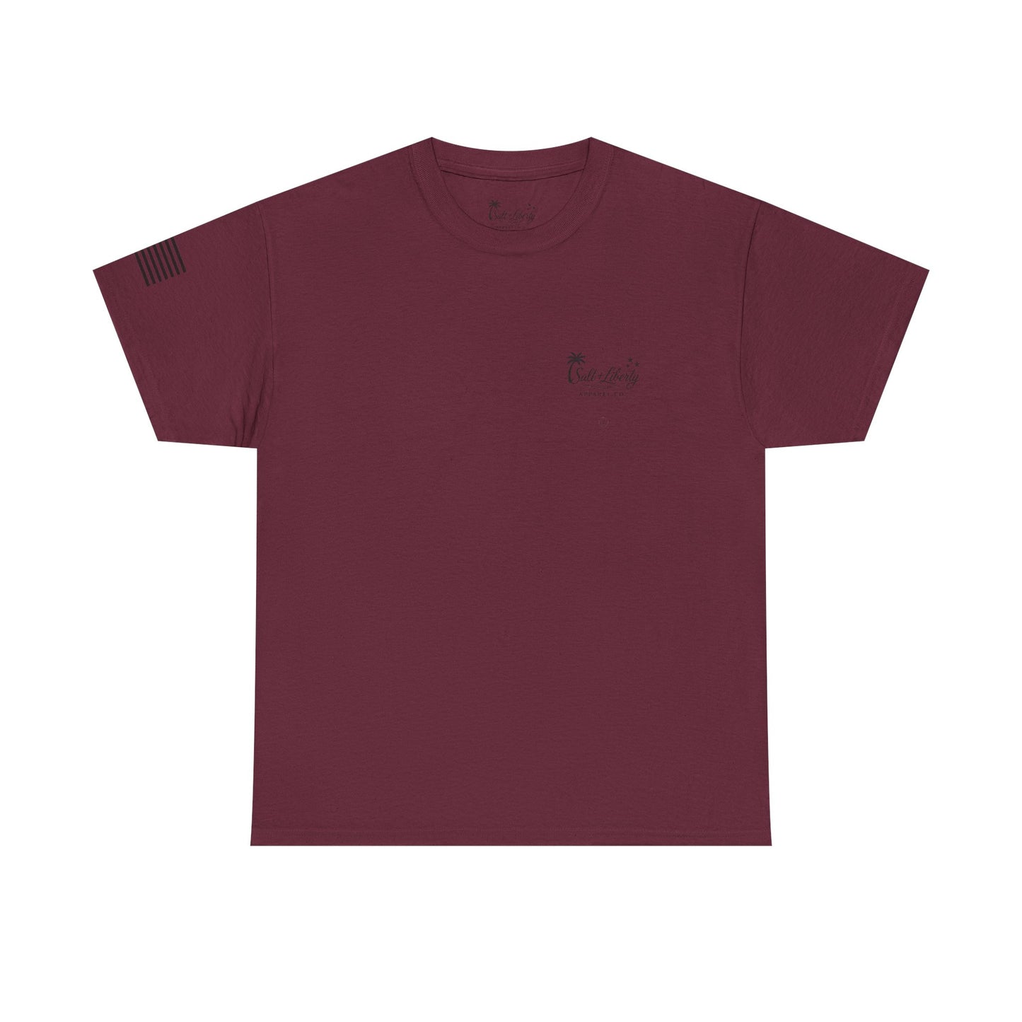 Salt + Liberty Tee — American Flag Marlin Fishing T‑Shirt with Cross