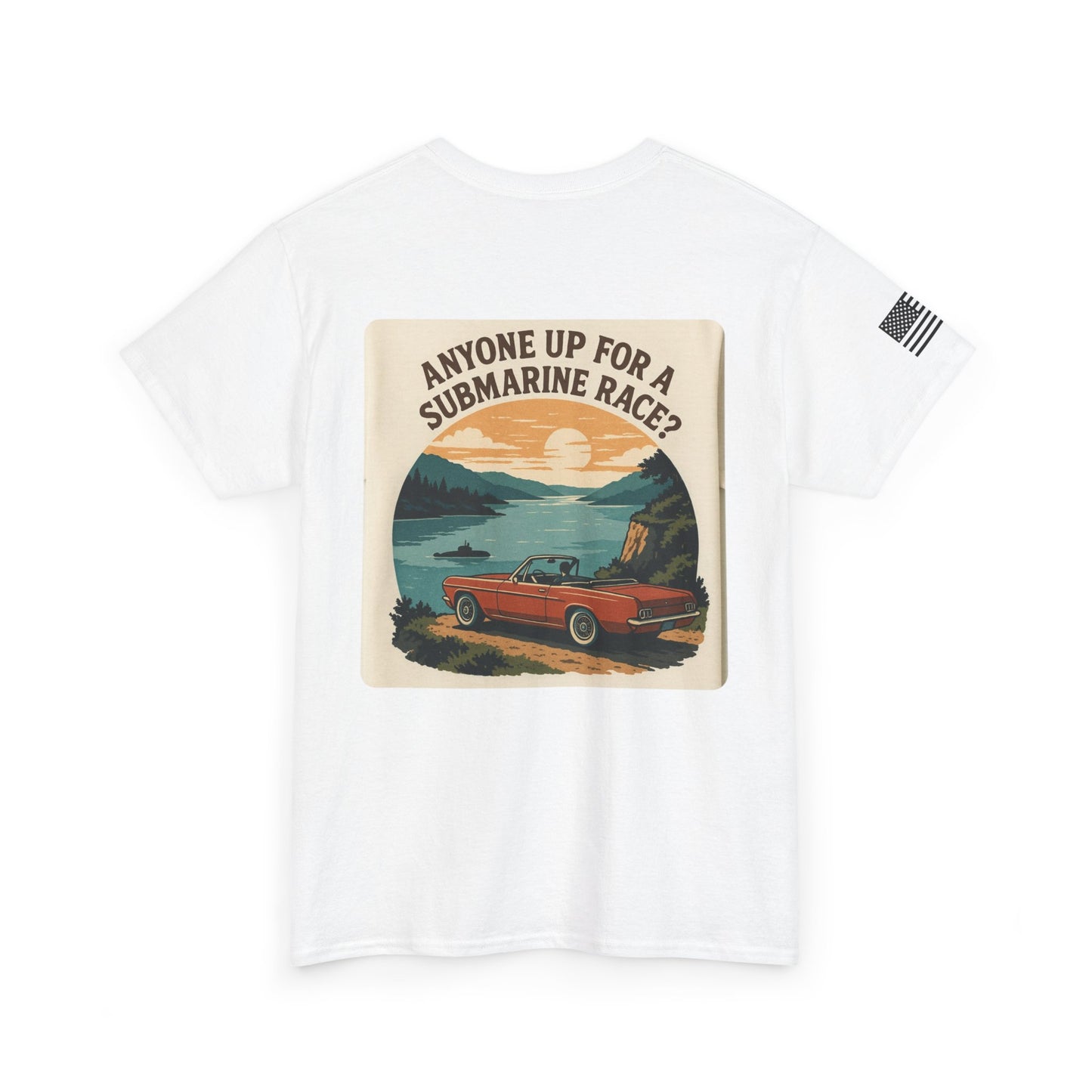 Vintage Roadside Graphic Tee — "Anyone Up for a Submarine Race?" Car Sunset Print