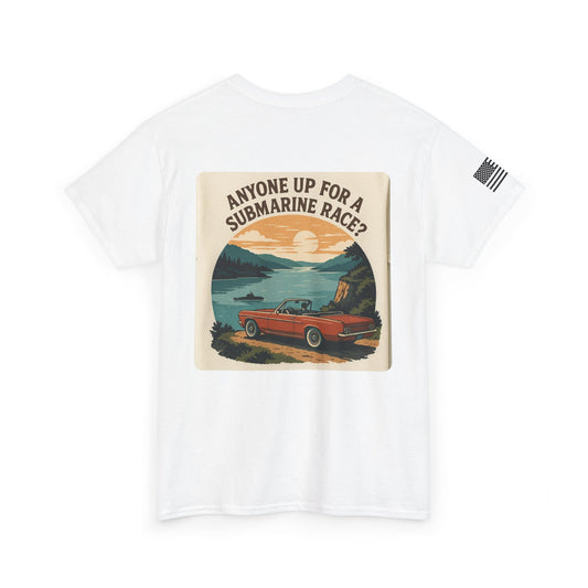 Vintage Roadside Graphic Tee — "Anyone Up for a Submarine Race?" Car Sunset Print