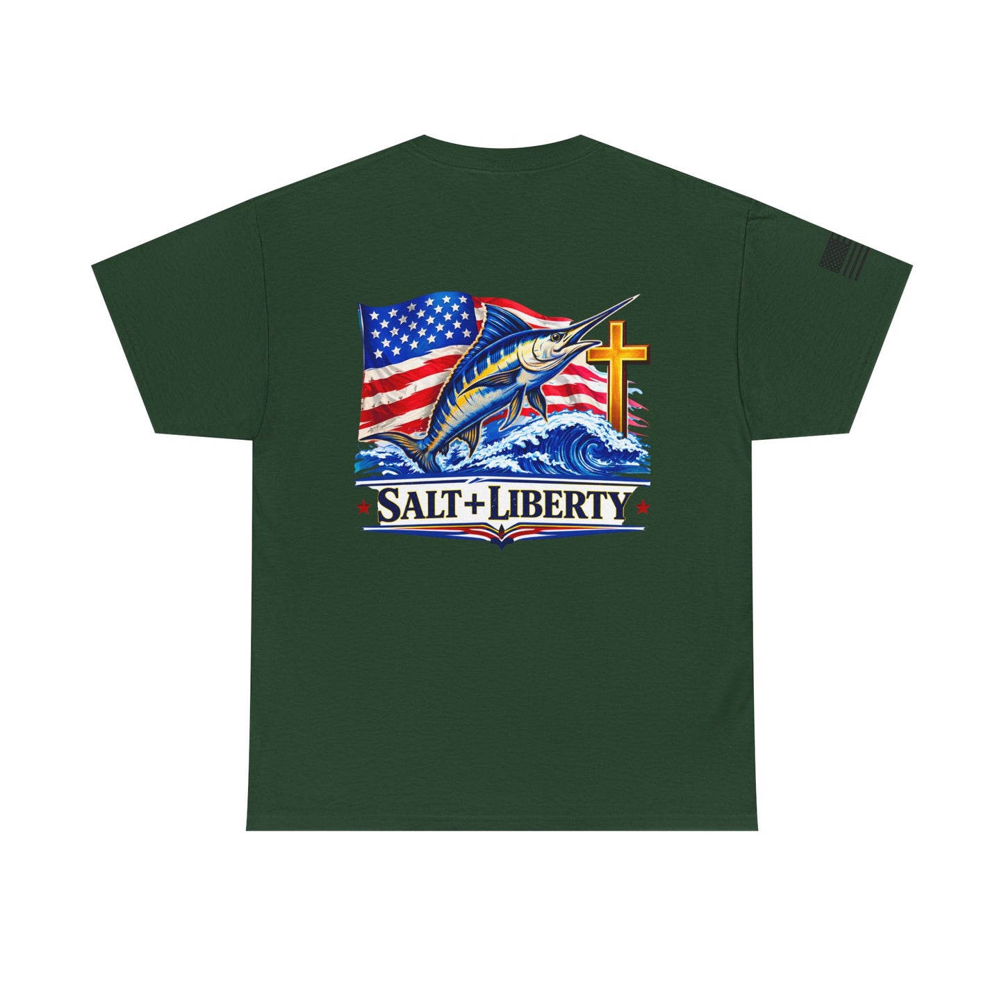 Salt + Liberty Tee — American Flag Marlin Fishing T‑Shirt with Cross