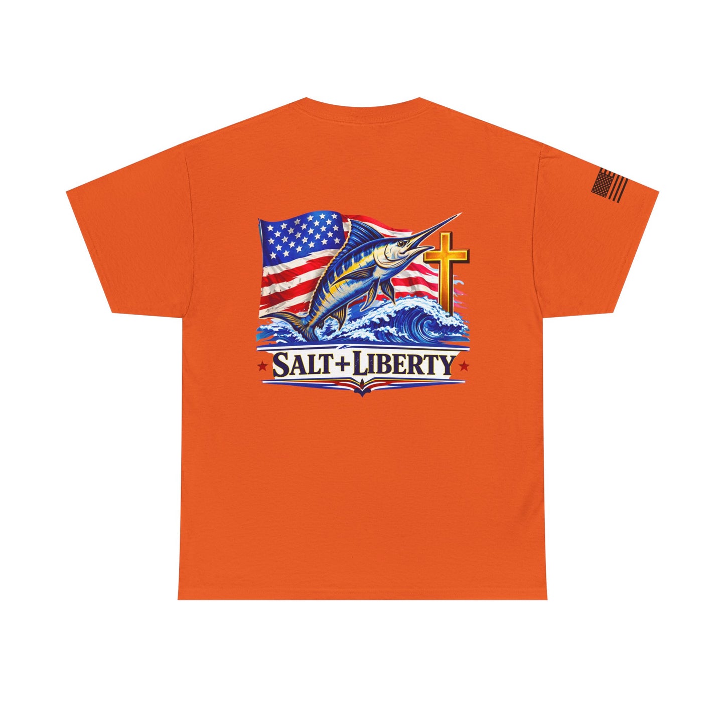 Salt + Liberty Tee — American Flag Marlin Fishing T‑Shirt with Cross