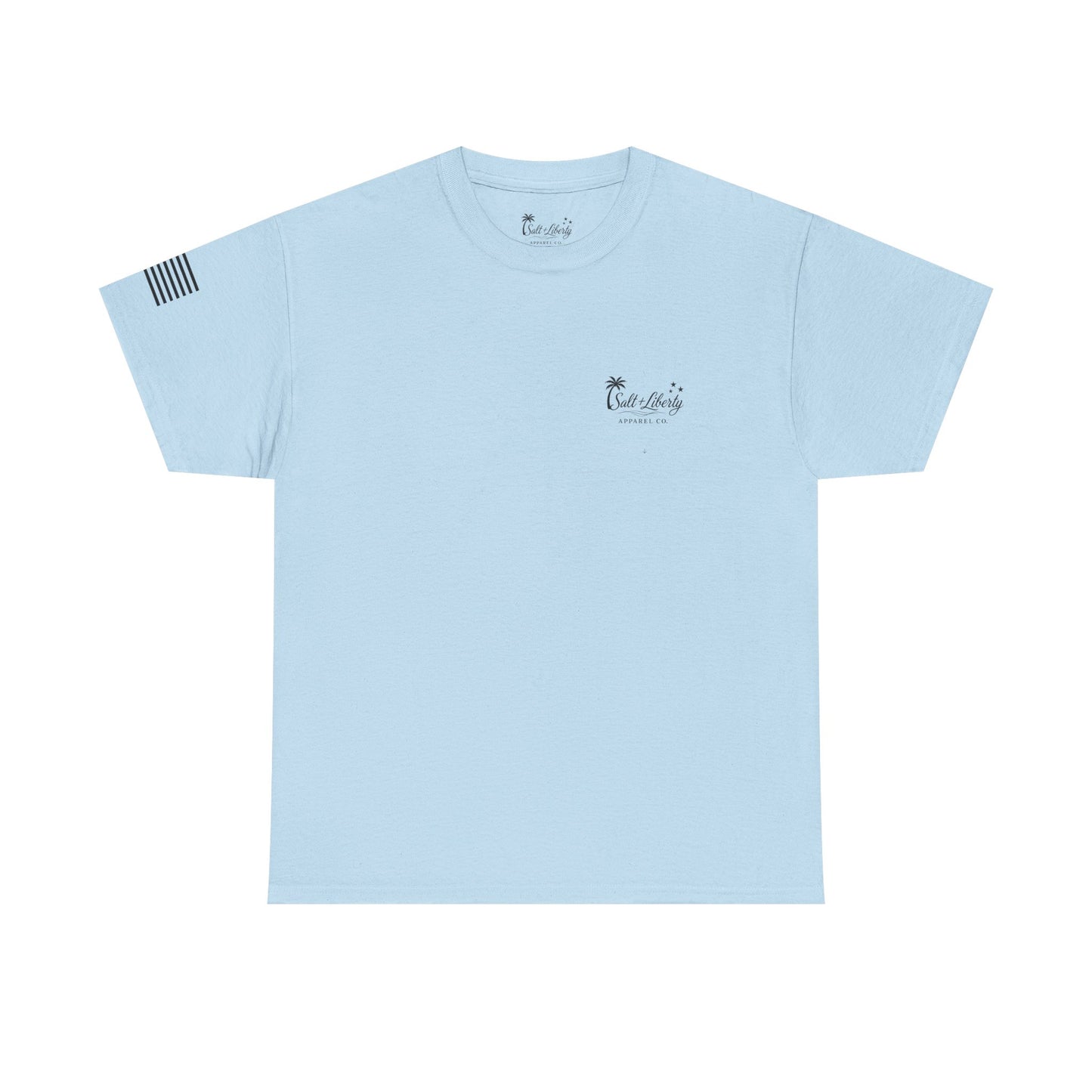 Salt + Liberty Tee — American Flag Marlin Fishing T‑Shirt with Cross