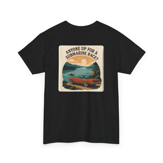 Vintage Roadside Graphic Tee — "Anyone Up for a Submarine Race?" Car Sunset Print