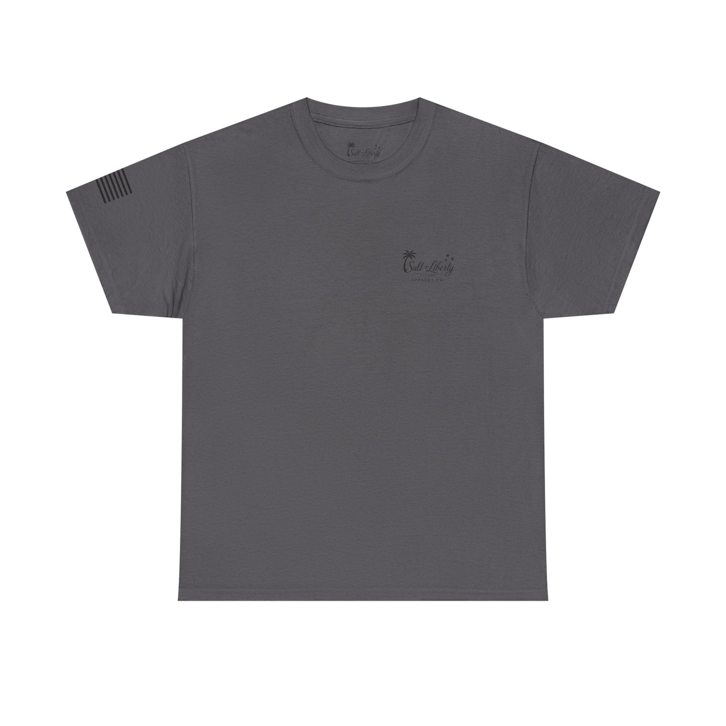 Salt + Liberty Tee — American Flag Marlin Fishing T‑Shirt with Cross