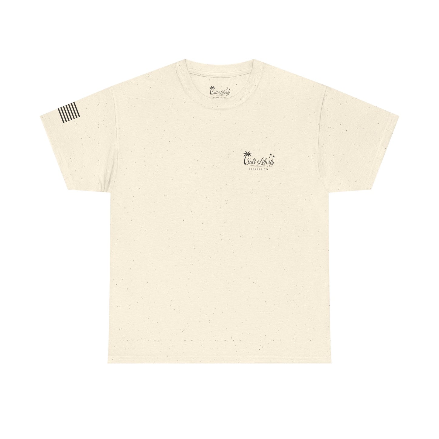 Salt + Liberty Tee — American Flag Marlin Fishing T‑Shirt with Cross