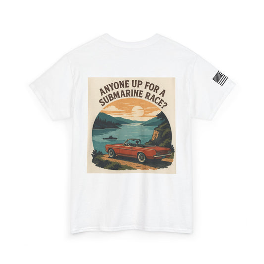 Vintage Roadside Graphic Tee — "Anyone Up for a Submarine Race?" Car Sunset Print