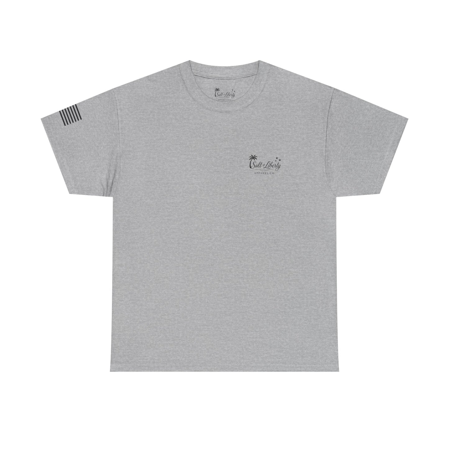 Salt + Liberty Tee — American Flag Marlin Fishing T‑Shirt with Cross