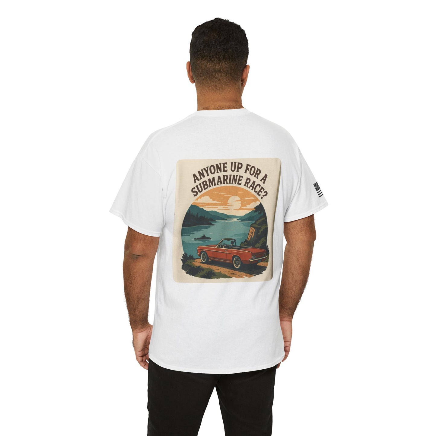 Vintage Roadside Graphic Tee — "Anyone Up for a Submarine Race?" Car Sunset Print