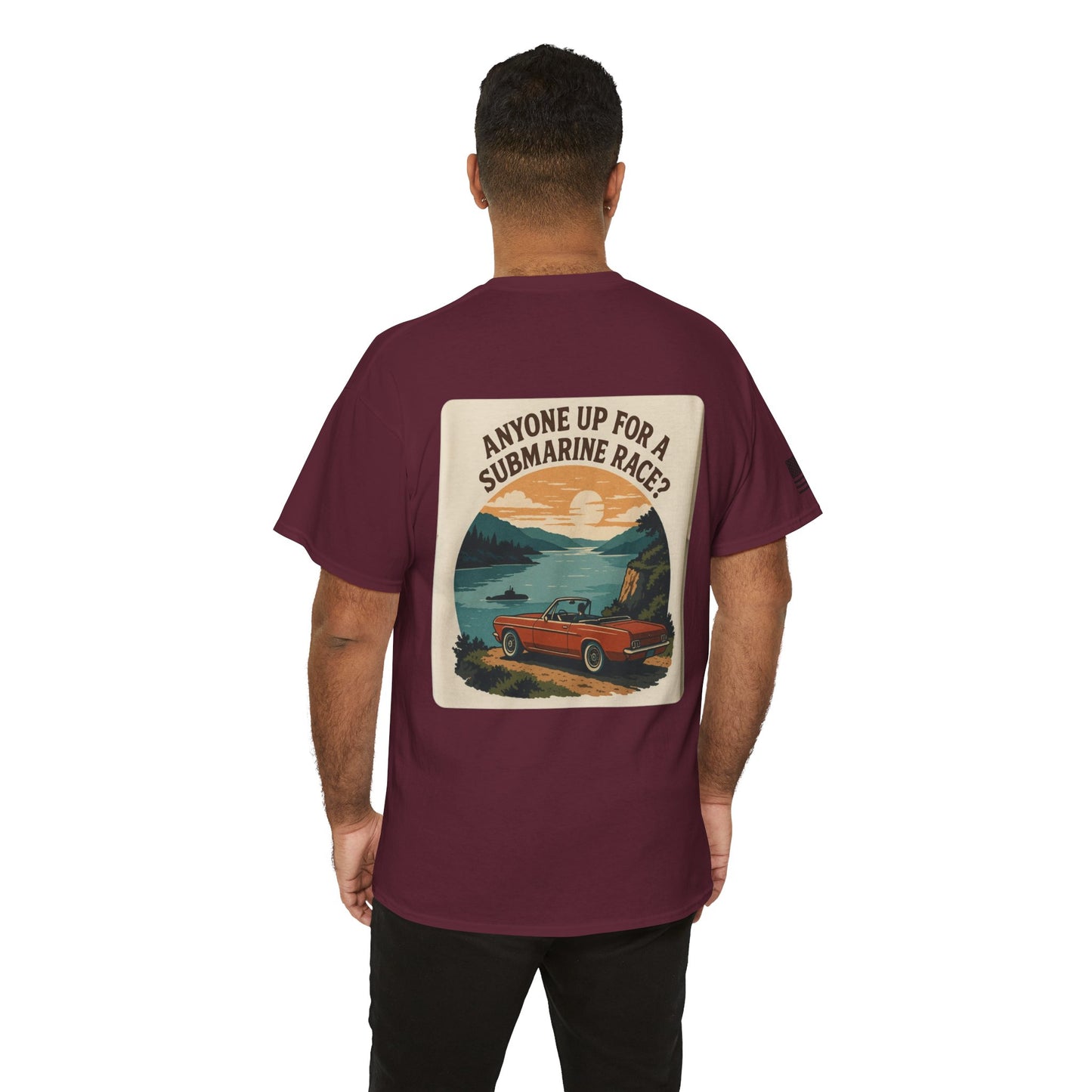 Vintage Roadside Graphic Tee — "Anyone Up for a Submarine Race?" Car Sunset Print