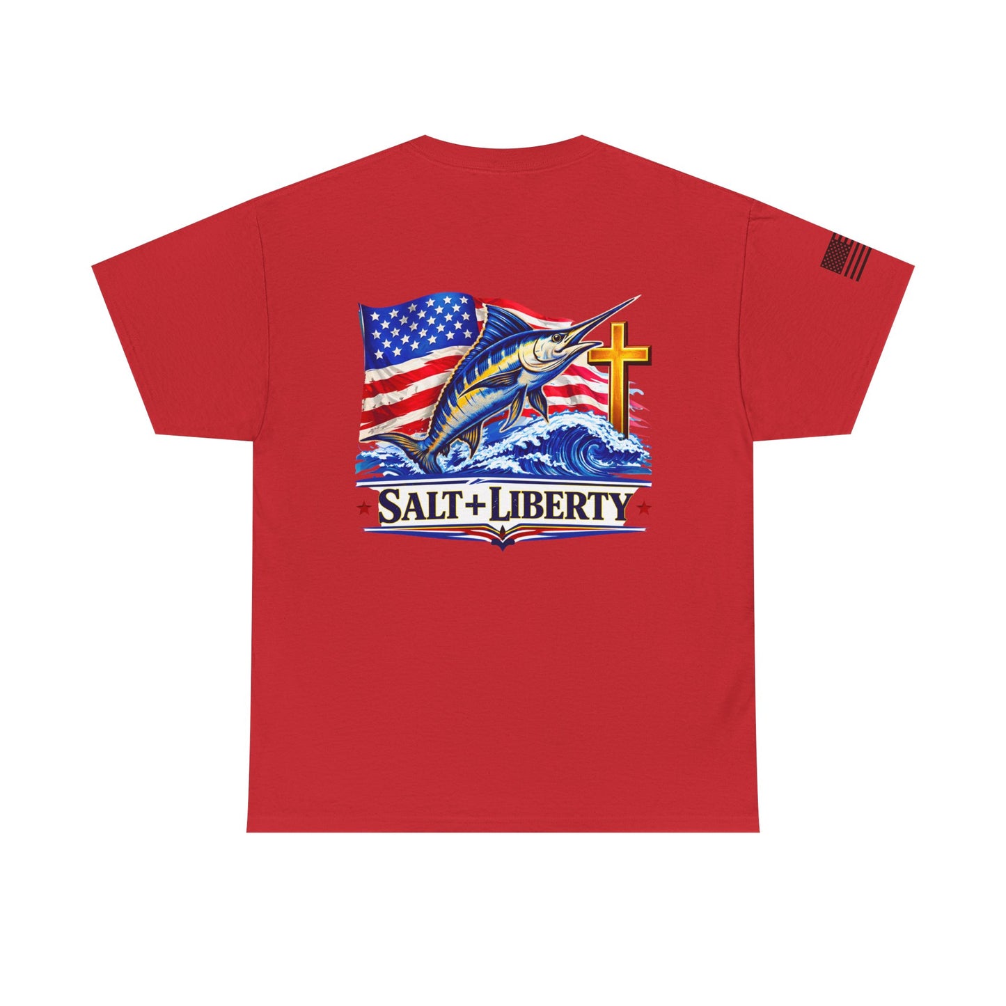 Salt + Liberty Tee — American Flag Marlin Fishing T‑Shirt with Cross