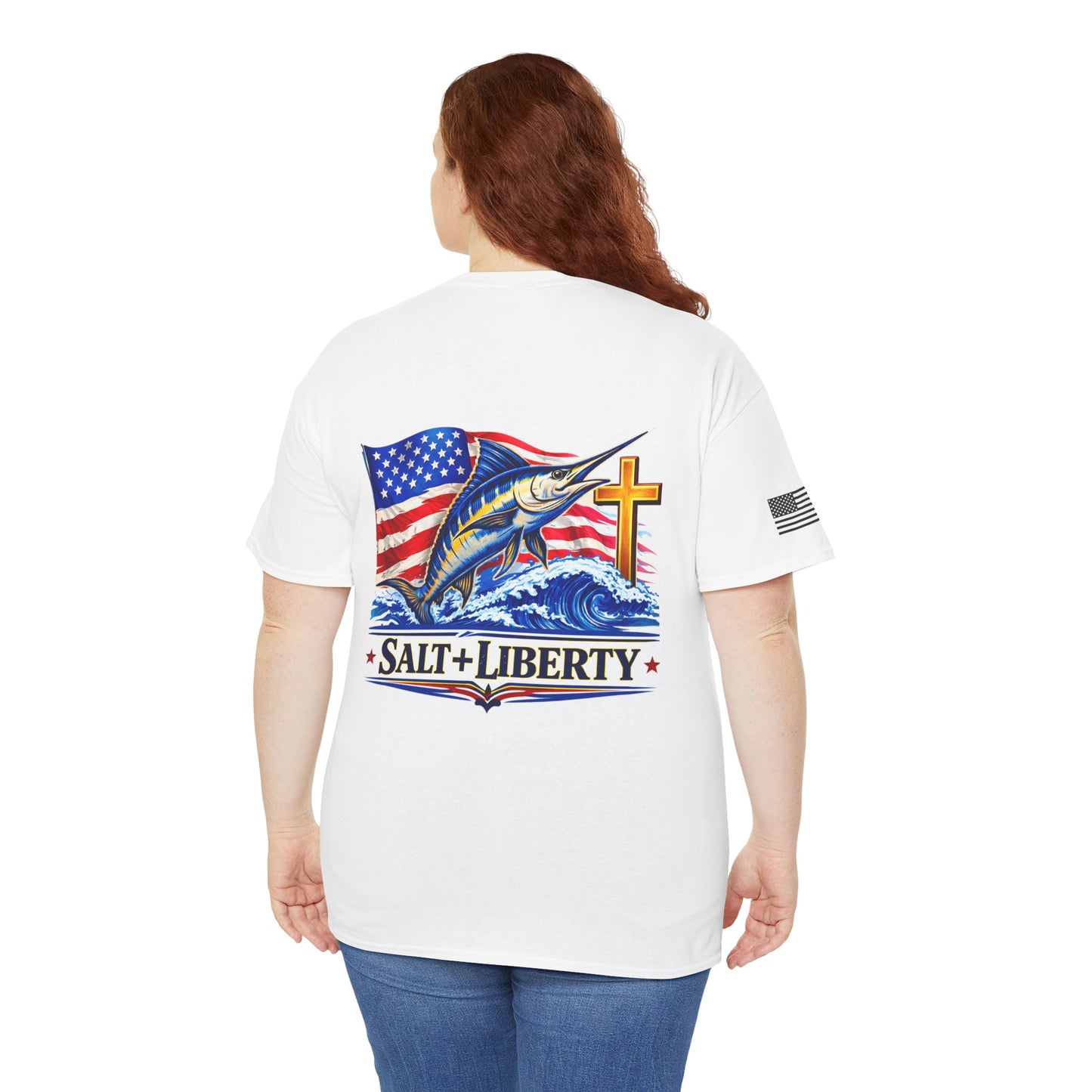 Salt + Liberty Tee — American Flag Marlin Fishing T‑Shirt with Cross
