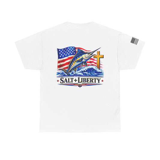 Salt + Liberty Tee — American Flag Marlin Fishing T‑Shirt with Cross