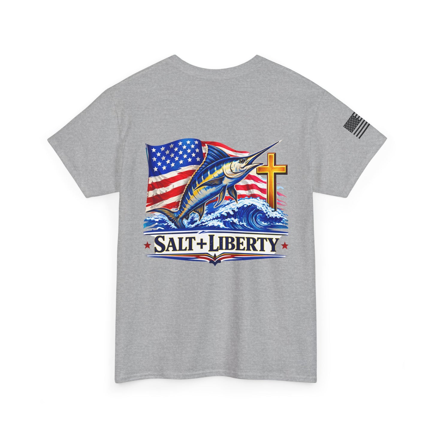 Salt + Liberty Tee — American Flag Marlin Fishing T‑Shirt with Cross