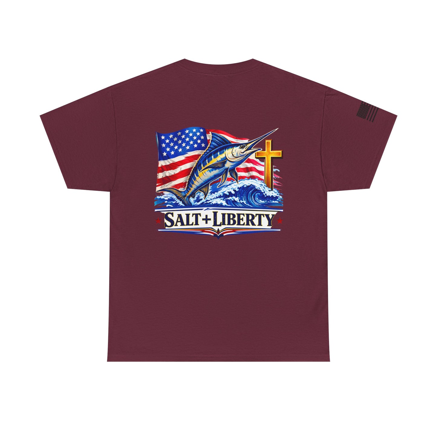 Salt + Liberty Tee — American Flag Marlin Fishing T‑Shirt with Cross