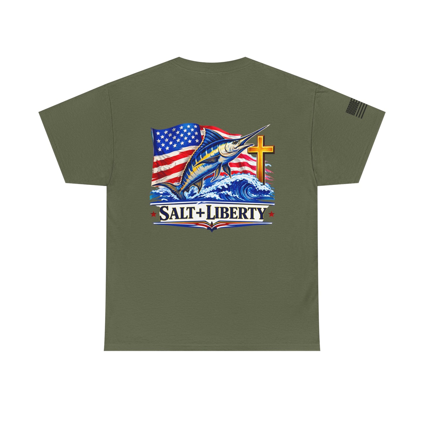 Salt + Liberty Tee — American Flag Marlin Fishing T‑Shirt with Cross