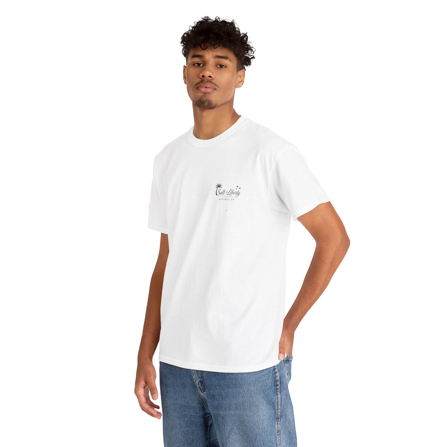 Salt + Liberty Tee — American Flag Marlin Fishing T‑Shirt with Cross