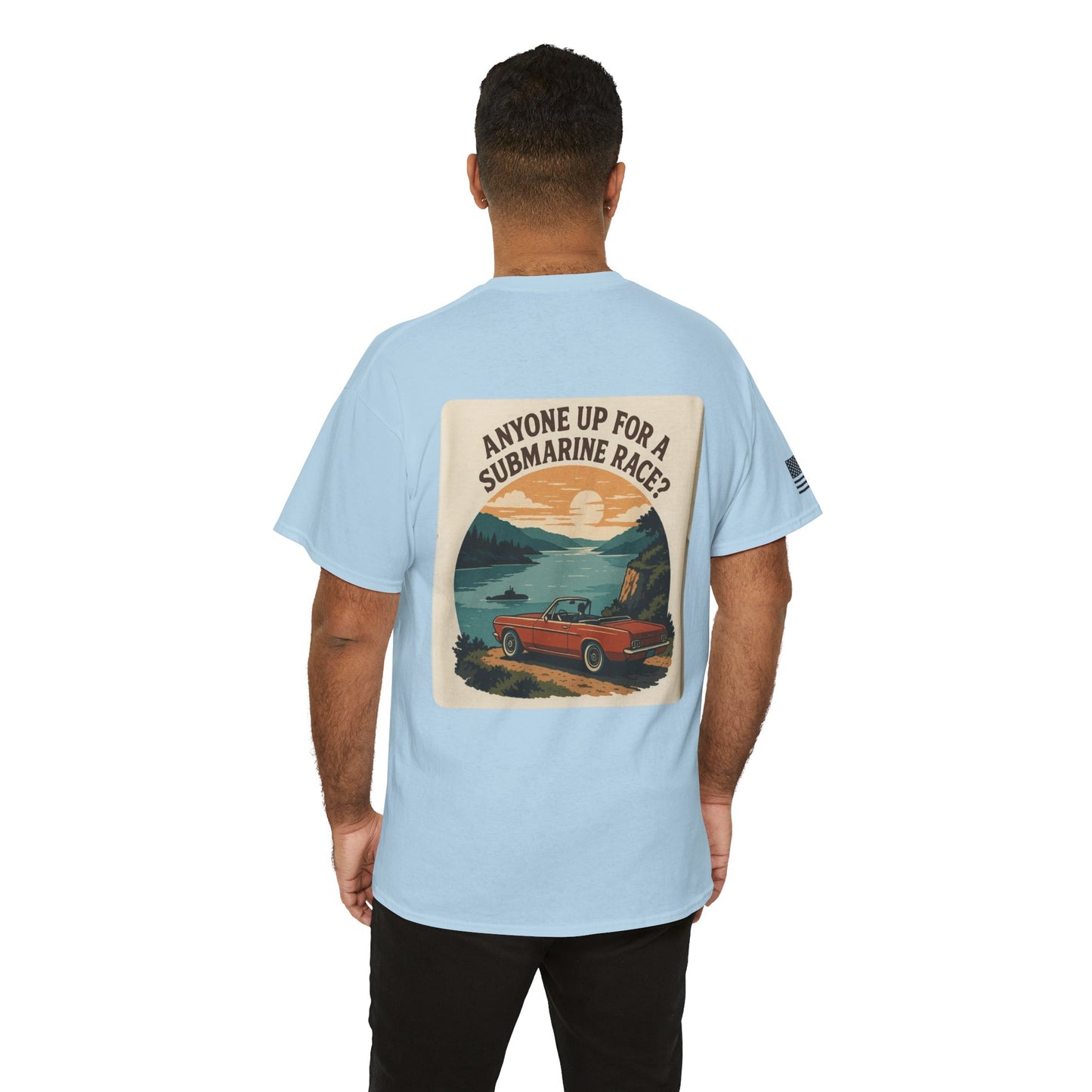 Vintage Roadside Graphic Tee — "Anyone Up for a Submarine Race?" Car Sunset Print