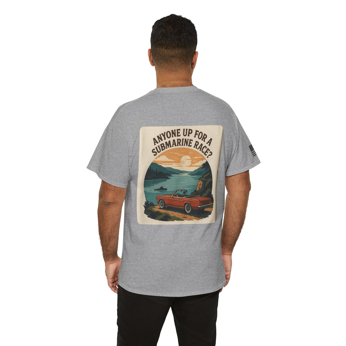 Vintage Roadside Graphic Tee — "Anyone Up for a Submarine Race?" Car Sunset Print