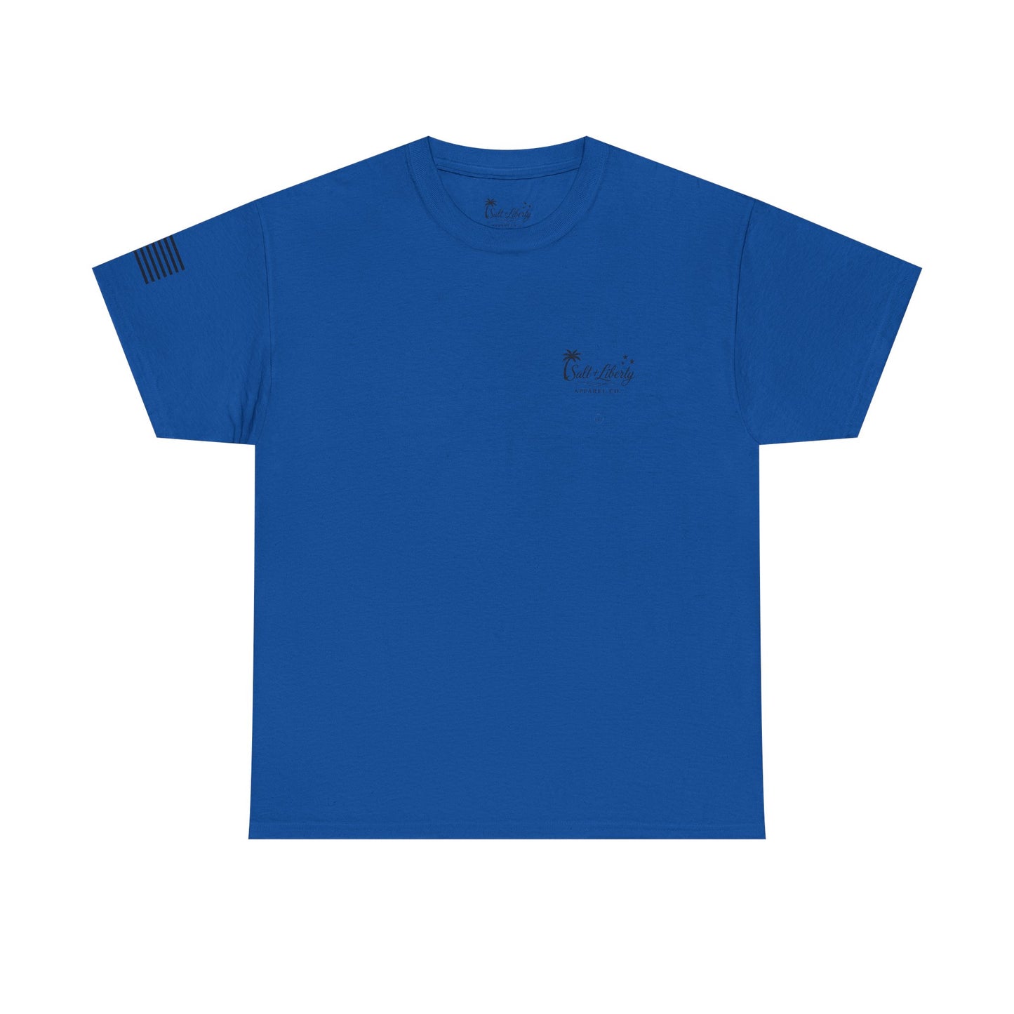 Salt + Liberty Tee — American Flag Marlin Fishing T‑Shirt with Cross