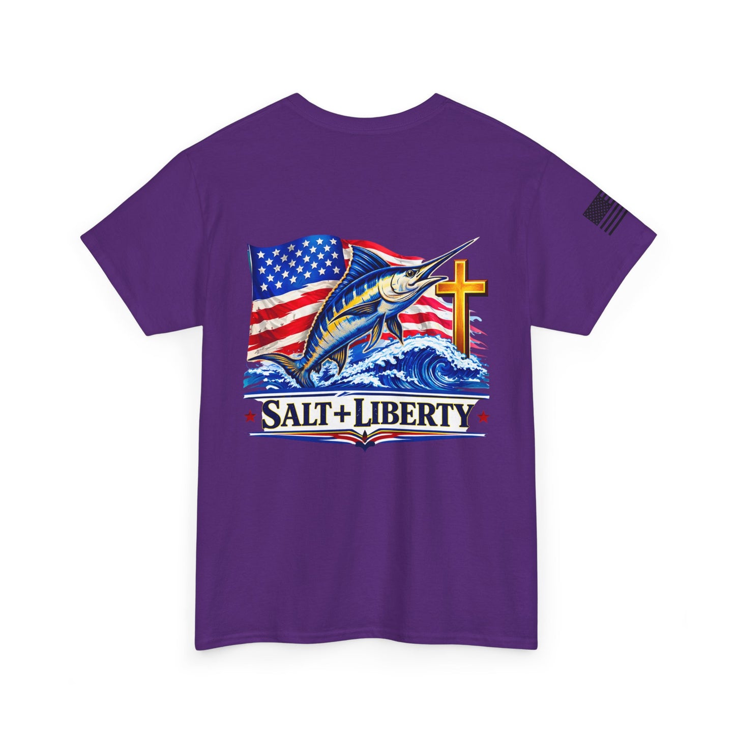 Salt + Liberty Tee — American Flag Marlin Fishing T‑Shirt with Cross
