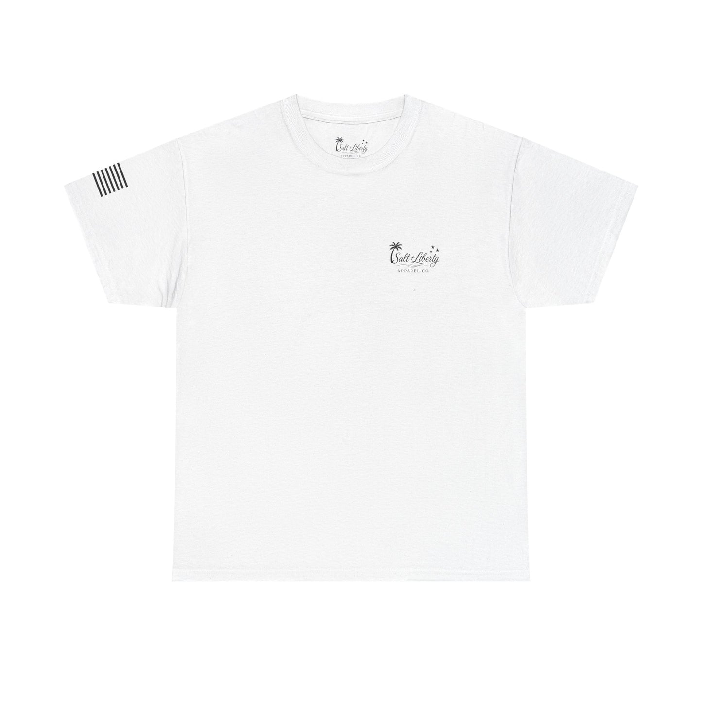 Salt + Liberty Tee — American Flag Marlin Fishing T‑Shirt with Cross