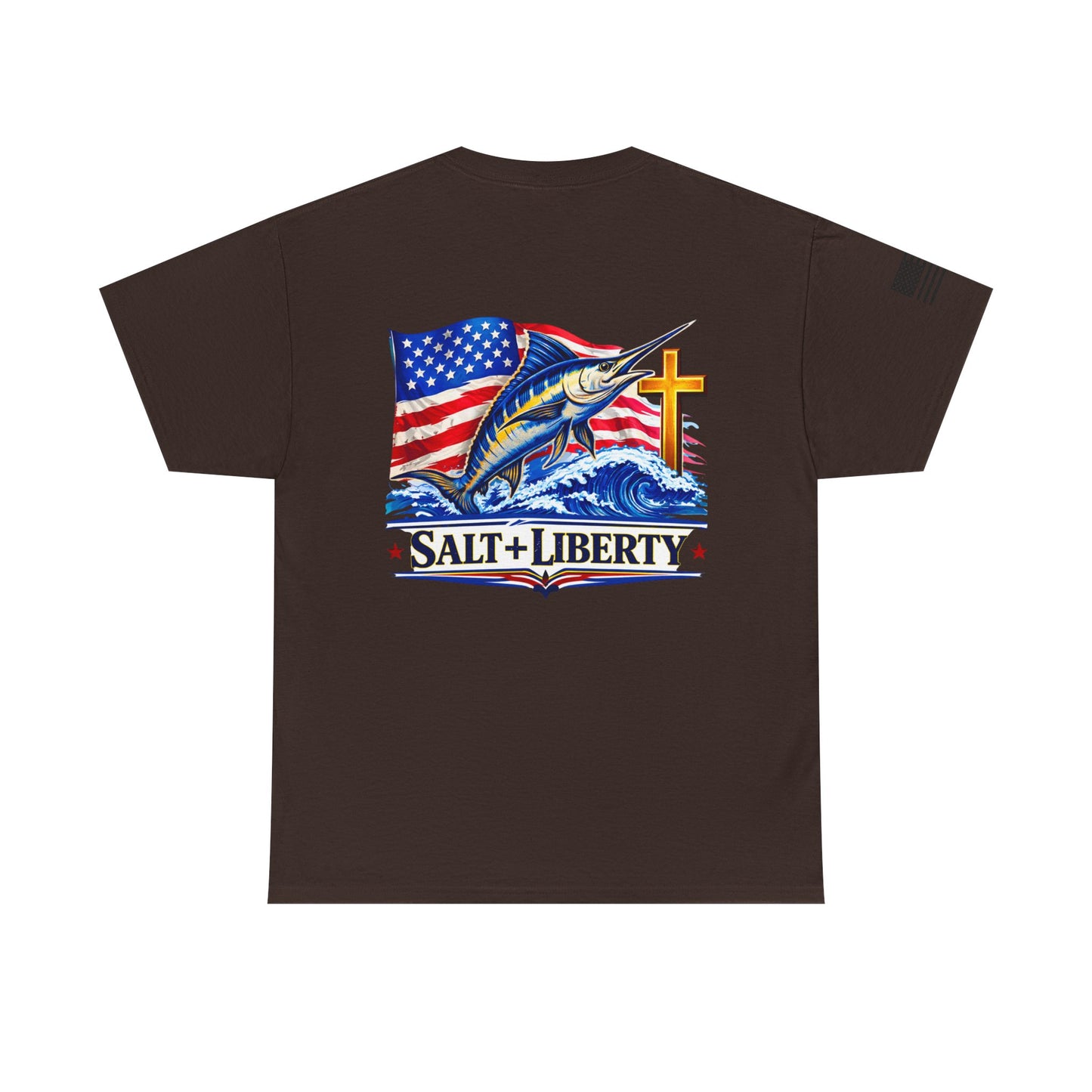 Salt + Liberty Tee — American Flag Marlin Fishing T‑Shirt with Cross