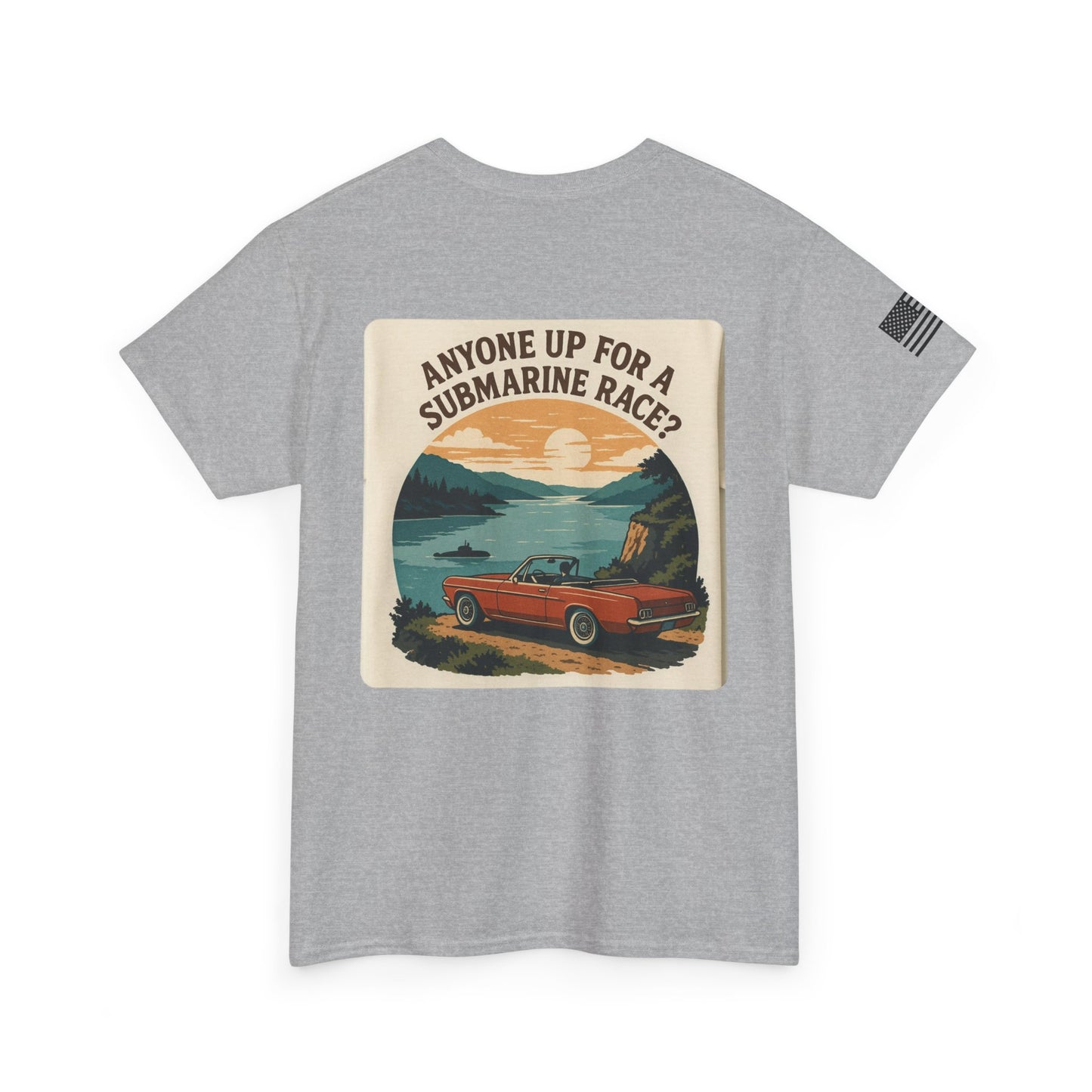 Vintage Roadside Graphic Tee — "Anyone Up for a Submarine Race?" Car Sunset Print
