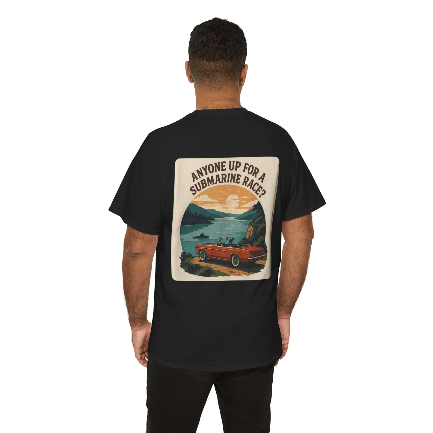 Vintage Roadside Graphic Tee — "Anyone Up for a Submarine Race?" Car Sunset Print