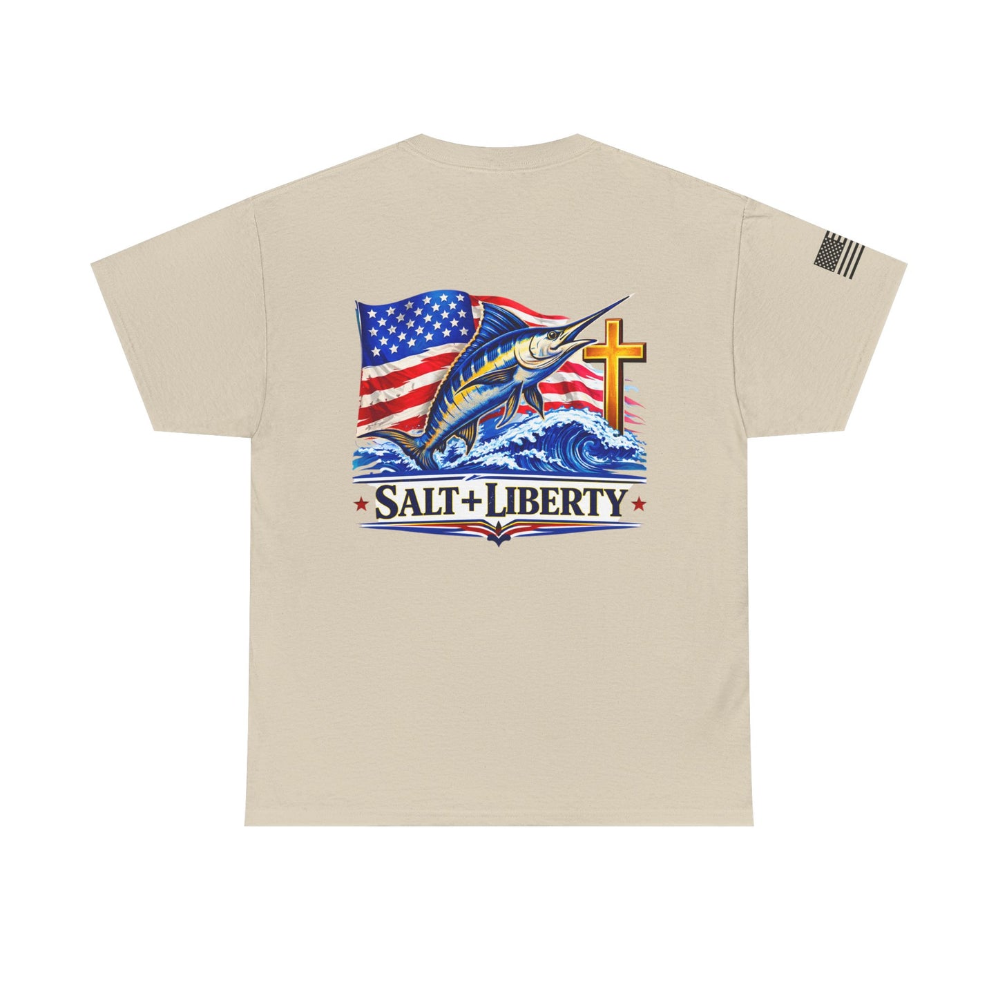 Salt + Liberty Tee — American Flag Marlin Fishing T‑Shirt with Cross