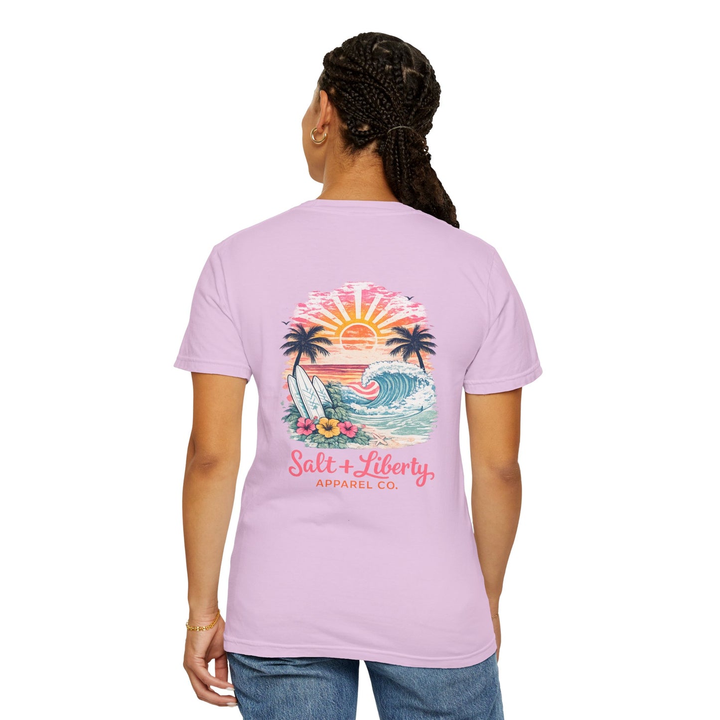 Surf Sunset T-Shirt — "Salt & Liberty" Beach Graphic Tee