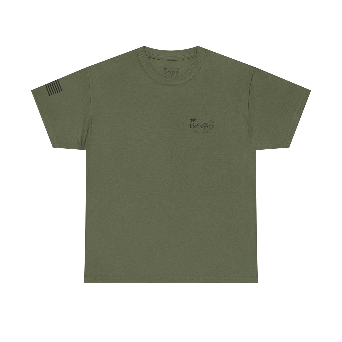 Salt + Liberty Tee — American Flag Marlin Fishing T‑Shirt with Cross