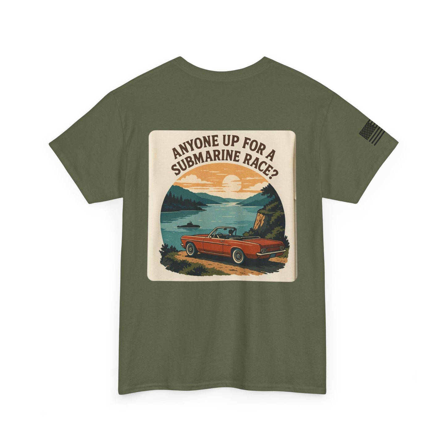 Vintage Roadside Graphic Tee — "Anyone Up for a Submarine Race?" Car Sunset Print