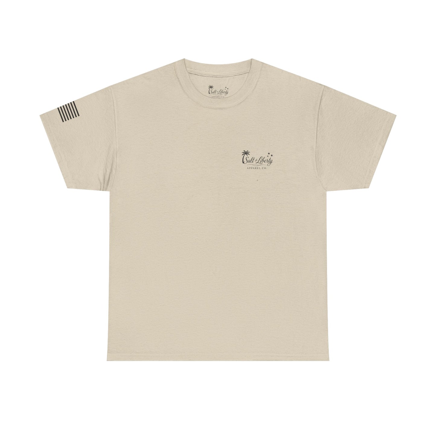 Salt + Liberty Tee — American Flag Marlin Fishing T‑Shirt with Cross